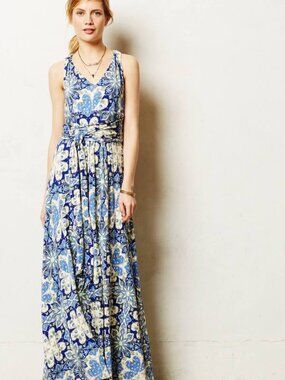 Blue & White Floral Maxi Dress Crisscross Back Size L